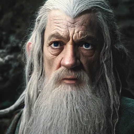 Image similar to a still from “ lord of the rings ” of a head and shoulders portrait of master pain as gandalf, photo by phil noto