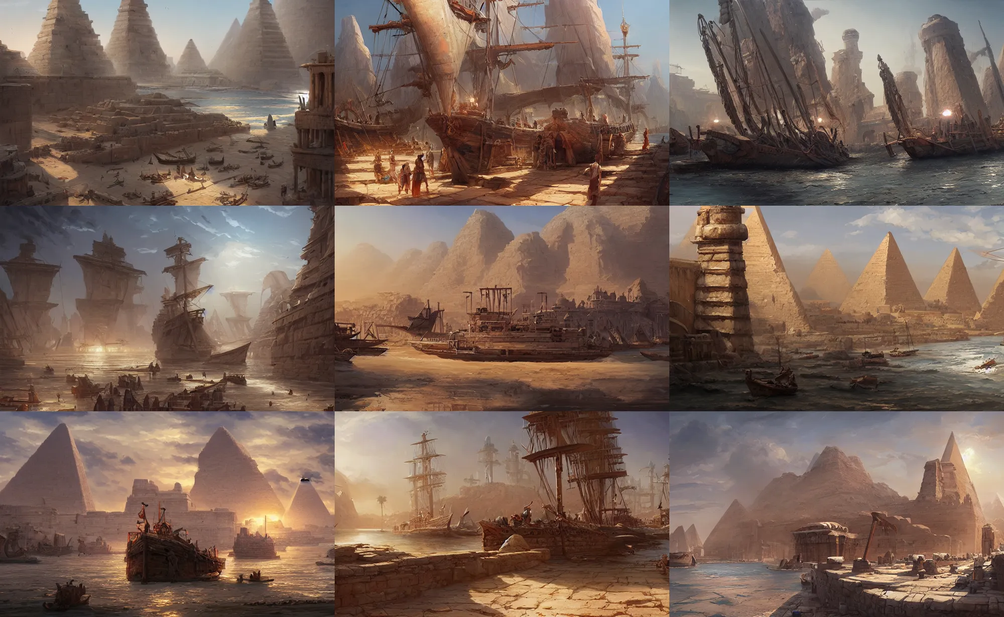Prompt: ancient egypt port and ships, highly detailed, digital painting, artstation, concept art, sharp focus, illustration, art by artgerm and greg rutkowski and raphael lacoste and magali villeneuve
