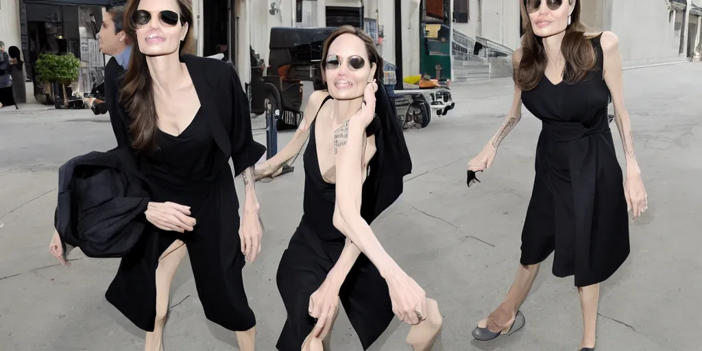 Prompt: angelina jolie is walking into the camera