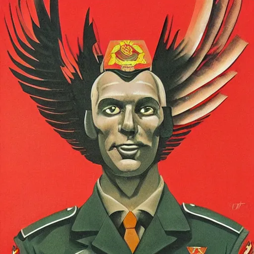 Prompt: a detailed and complex soviet propaganda poster depicting a dromaius in military uniform. painting by dmitri moor