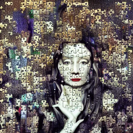 Prompt: A surreal painting of puzzle of a portrait of a beautiful woman with scattered puzzle pieces by Salvador Dali, dark vibes, high contrast