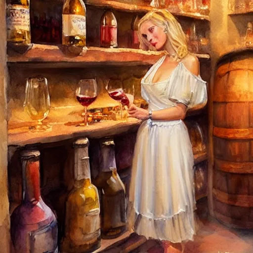 Image similar to hot blonde in a wine cellar, food, pork, beer, schnapps, rustic, traditional, torches on the wall, watercolor by vladimir volegov, highly detailed, masterpiece