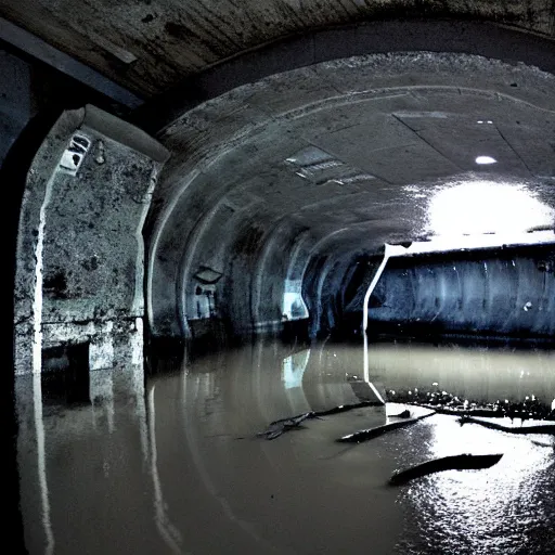 Prompt: the interior of a partially flooded missile silo, dark, scary lighting, scary, creepy, eerie, horror, submechanophobia, submerged machinery, photo,