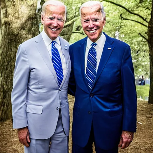 Image similar to A portrait photo of joe biden teams up with a teenage joe biden, perfect faces, 50 mm, award winning photography