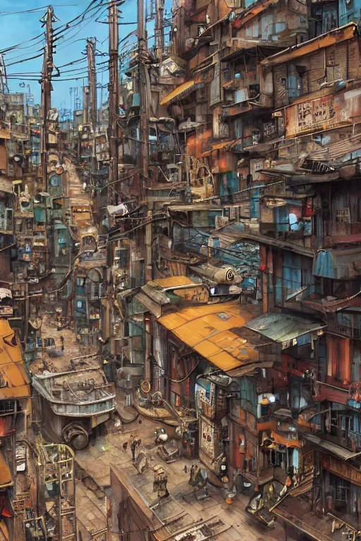 Prompt: a industrial STEAMPUNK CITY Street scenery in the FAVELAS, signs, billboards and cable Connecting MULTI LVL BUILDINGS, rendered in the style of tekkon kinkreet, by Beeple, Makoto Shinkai, syd meade, environment concept, digital art, starwars, unreal engine, 3 point perspective, WLOP, trending on artstation, low level, 4K UHD image, octane render,