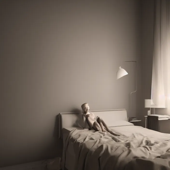 Image similar to a girl in a room with light gray walls sits on a bed, sunset light, edward hopper style. cinematic, hyper realism, high detail, octane render, 8k, iridescent accents