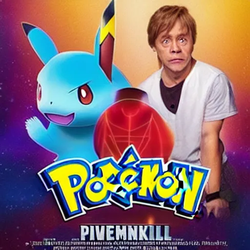 Image similar to a live action Pokemon movie poster featuring Ariana Grande and Mark Hamill, realistic pokemon