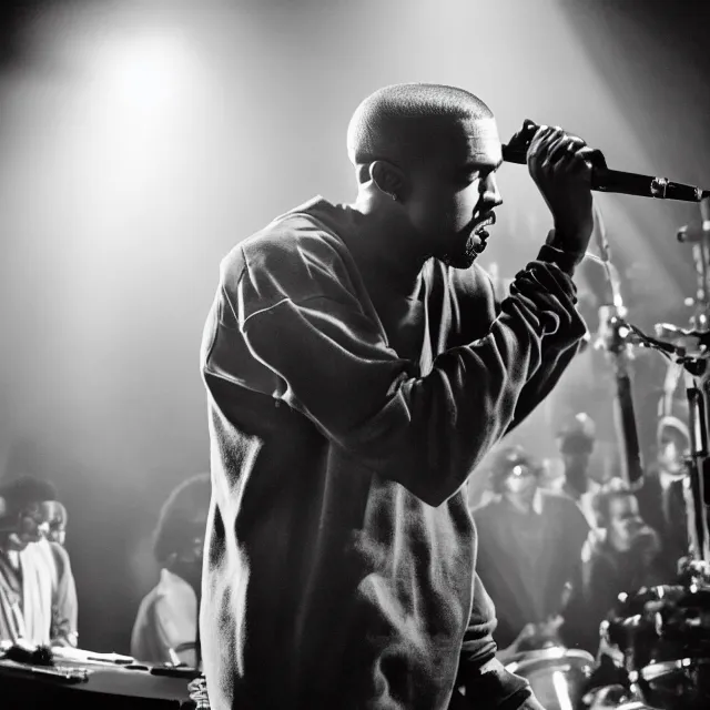 Image similar to A photo of Kanye West performing at a jazz club, black and white, 8K concept art