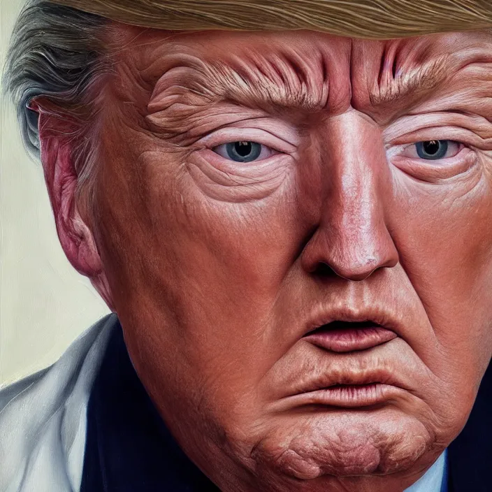 Prompt: hyperrealistic close up studio portrait of aging old Donald Trump age 85 sad, oil painting by Ivan Albright and Lucian Freud and Ron Mueck, trending on artstation Studio lighting hyperrealism