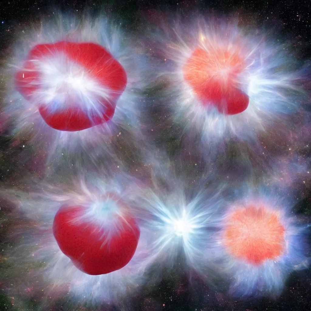 Image similar to a peach-like neutron star is bursting and throwing strawberry to all around