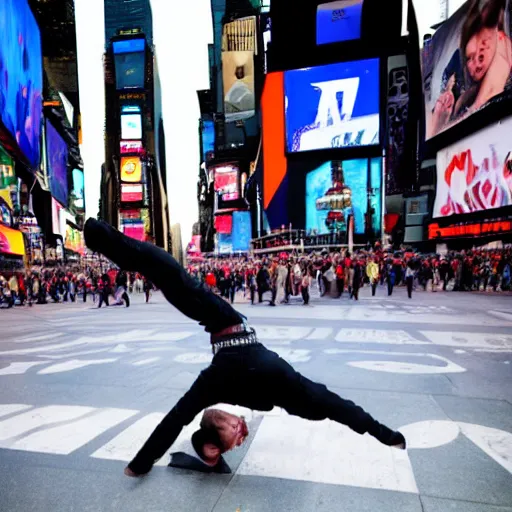 Prompt: a guy doing breakdance in times Square