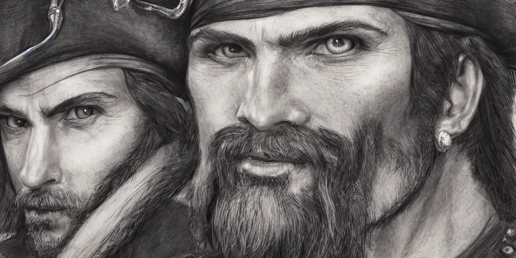 Image similar to realistic portrait of a handsome pirate captain with black hair, 1450, ink, ultra realistic, 8k