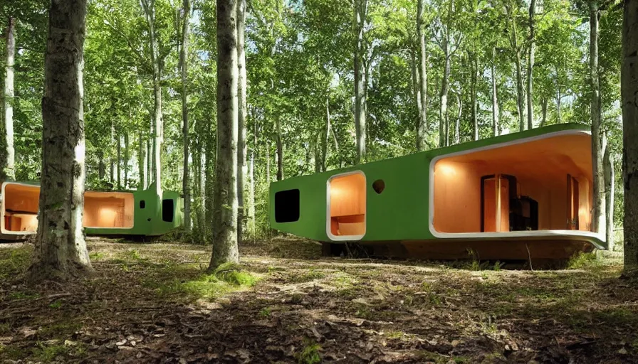 Image similar to A unique innovative and creative eco community of small affordable and contemporary creative cabins in a lush green forest with soft rounded corners and angles, 3D printed line texture, made of cement, connected by sidewalks, public space, and a park, Design and style by Zaha Hadid, Wes Anderson and Gucci