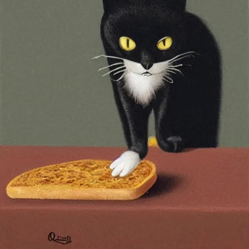 Image similar to black cat licking bread on a table, by Quint Buchholz