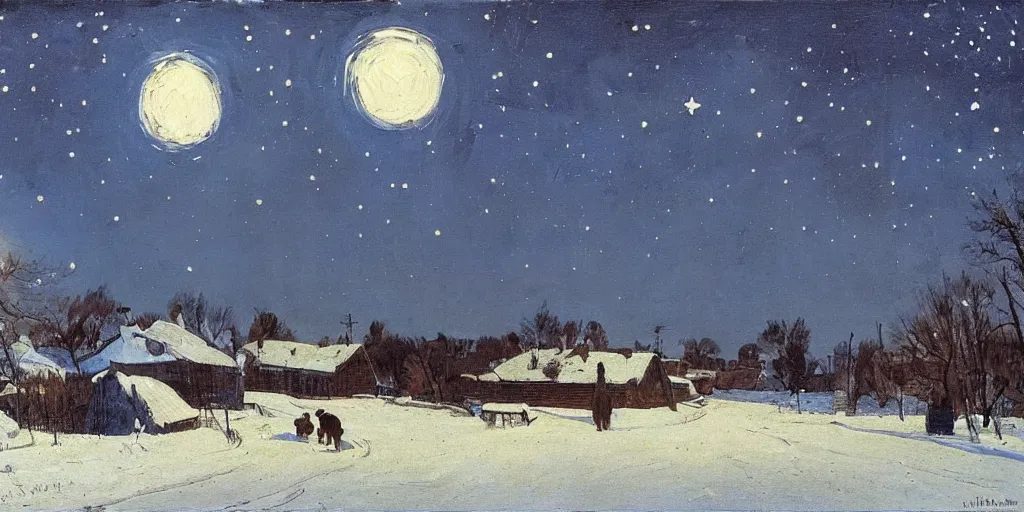 Image similar to a scene of a small rural russian village at night, stars, moon, wintertime, painting by isaac levitan