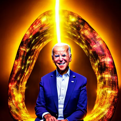 Image similar to uhd candid photo of cosmic joe biden as buu powering up, glowing, global illumination, studio lighting, radiant light, hyperdetailed, correct face, elaborate intricate costume. photo by annie leibowitz