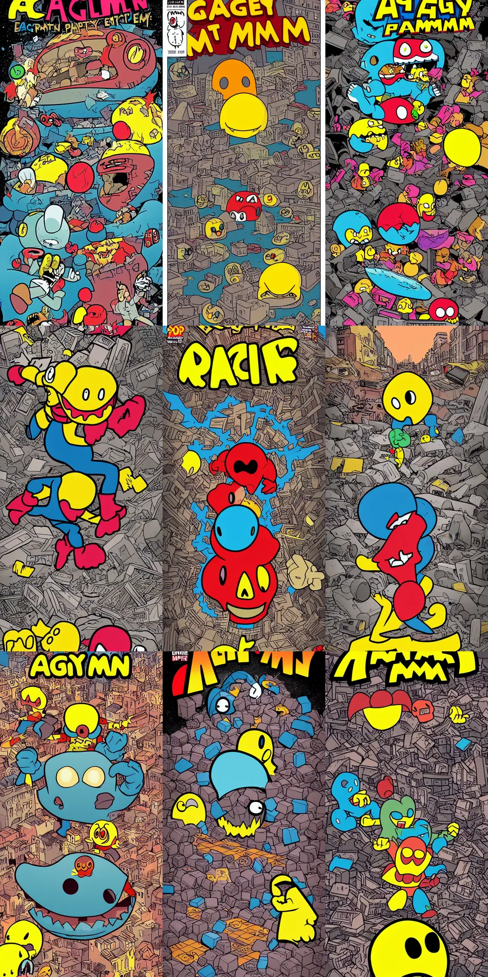 Prompt: angry giant pacman eat people in ruined city, a comics cover