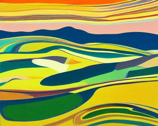 Image similar to A wild, insane, modernist landscape painting. Wild energy patterns rippling in all directions. Curves, organic, zig-zags. Saturated color. Mountains. Clouds. Rushing water. Wayne Thiebaud.