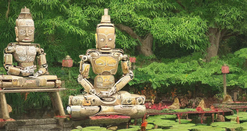 Prompt: a 1 0 0 0 armed quan yin robot sitting in prayer in the lotus garden, digital art h 9 6 0