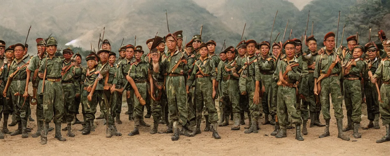 Image similar to a brigade of gurkhas pose valiantly after a well - foughtt victory, small details, intricate, 5 0 mm, cinematic lighting, photography, wes anderson, film, kodachrome