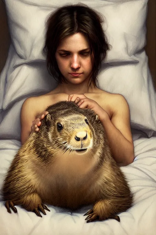 Image similar to drug addicted groundhog lies on the bed, realistic portrait, highly detailed, digital painting, artstation, concept art, smooth, sharp focus, illustration, cinematic lighting, art by artgerm and greg rutkowski and alphonse mucha