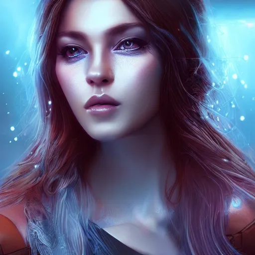 Prompt: beautiful futuristic young woman, diffuse lighting, fantasy, intricate, highly detailed, lifelike, photorealistic, digital painting, artstation, illustration, concept art, smooth, sharp focus