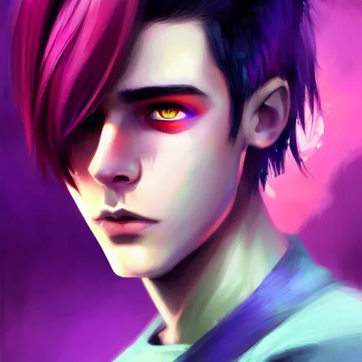 Image similar to colorful and festive captivating teenager boy with straight purple hair, purple eyes with red eye markers, slim body, wearing japanese combat clothes. rich vivid colors, ambient lighting, dynamic lighting, 4 k, atmospheric lighting, painted, intricate, highly detailed by charlie bowater