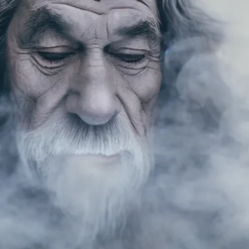 Image similar to portrait of gandalf, eyes closed, covered in smoke, 4 k