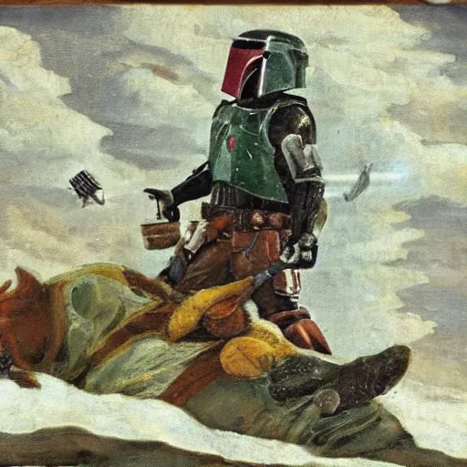 Prompt: boba fett riding a hobbit in a tundra, renaissance painting