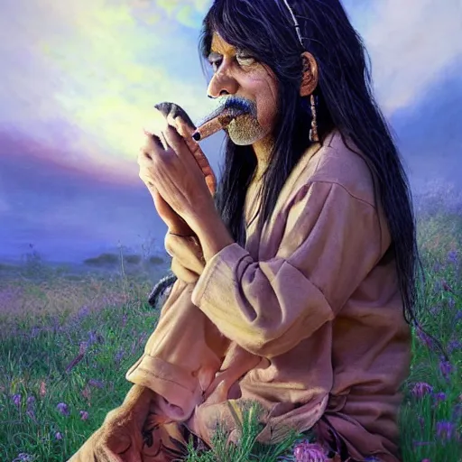 Image similar to n elderly indian don juan is sitting in a field with peyote and smoking a pipe, a raven walks next to him, by miho hirano, ross tran and ilya kuvshinov, realistic, detailed, beautiful fantasy detailed trending on artstation, oil painting, dramatic lighting, eterea, high quality print, fine art with subtle redshift rendering