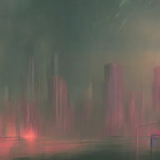 Image similar to mystic landscape, cyberpunk atmosphere, pastel colors