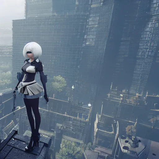 Image similar to 2B nier automata standing on top of a tower, 4k, unreal engine render, trending in artstation, artstationHD, artstationHQ