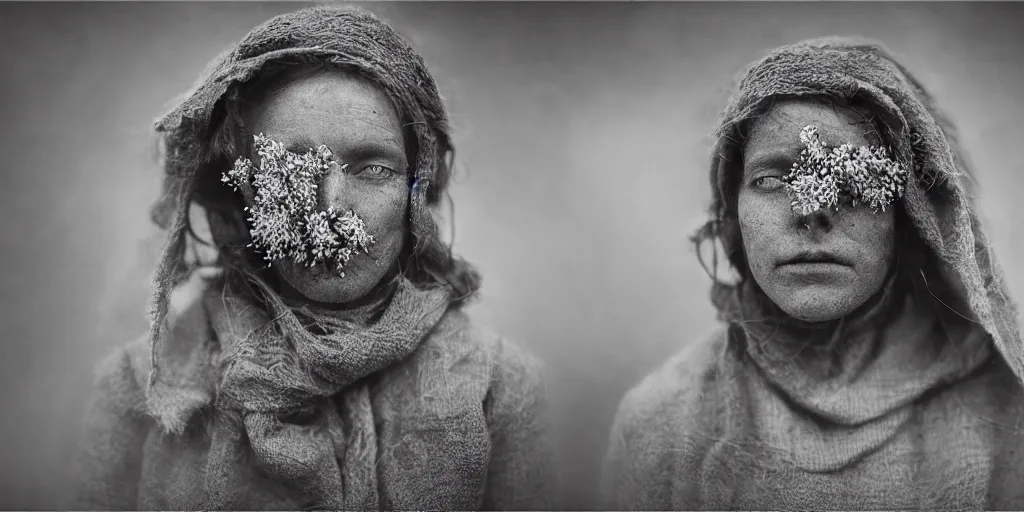 Prompt: portrait photography tyrolean female farmer, leaves and edelweiss growing from face, hay cloths, desaturated, fog, 1. 2 f, 3 5 mm, dark, eerie, 1 9 2 0 s ghost photography