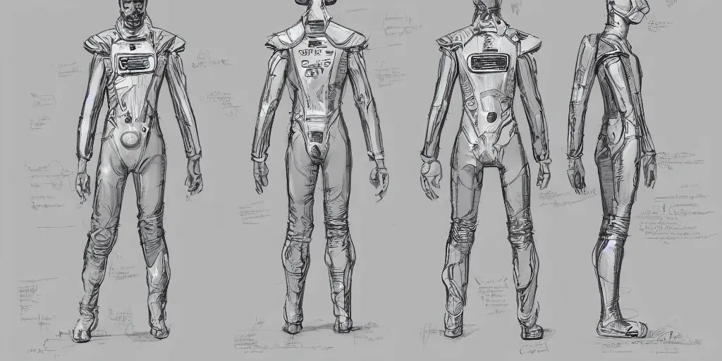 Image similar to male, space suit, character sheet, concept art, stylized, large shoulders, short torso, long thin legs, exaggerated proportions, concept design, by jean giraud