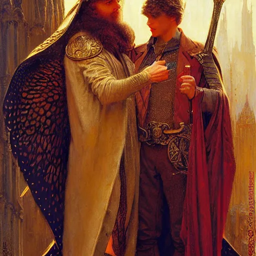 Image similar to stunning arthur pendragon in love with stunning male merlin the mage. they are close to each other. highly detailed painting by gaston bussiere, craig mullins, j. c. leyendecker