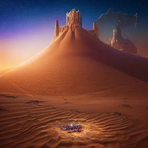 Image similar to epic view of a Giant imposing Djinn in the desert surrounded by sand, covered in jewels, ornate, Beautiful Djinn, full of smoke and sand, iridescent, 4k, 8k, high detail, HDR, by Greg Butkowski, powerful, trending on artstation, concept art, cinematic, jewels, with inspiration from Beksinski