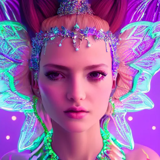 Image similar to portrait of neon fairy princess, glowing, ornate and intricate jewelry, jaw dropping beauty, glowing background lighting, white accent lighting, hyper detailed, fairy tale, 4 k octane render