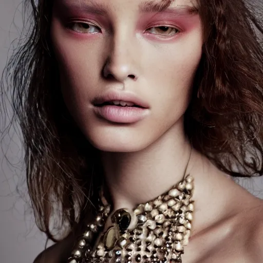 Image similar to close up of face from a fashion model with large valentino dress in parisian luxury studio , official valentino editorial, highly detailed