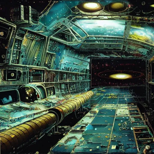 Prompt: interior of abandoned space station, peter elson, chris foss, john berkey, tony roberts, jim burns, don davis