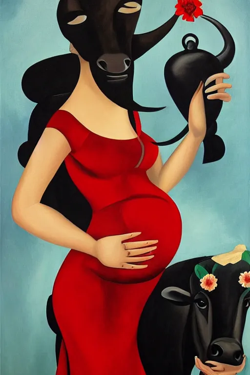 Prompt: highly detailed painting of pregnant flamenco dancer with a black bull head wearing red flower dress and holding up a stop watch by tamara de lempicka