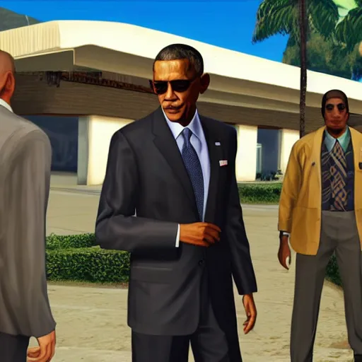 Prompt: barack obama wearing sunglasses as a gta 5 character cover art