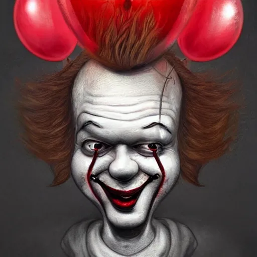 Image similar to surrealism grunge cartoon portrait sketch of a king with a wide smile and a red balloon wearing a crown by - michael karcz, loony toons style, pennywise style, horror theme, detailed, elegant, intricate