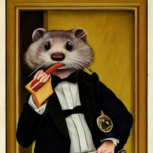 Prompt: Portrait of an anthropomorphic Ferret crime boss smoking a cigar. Very high quality. Drawn by James Christensen