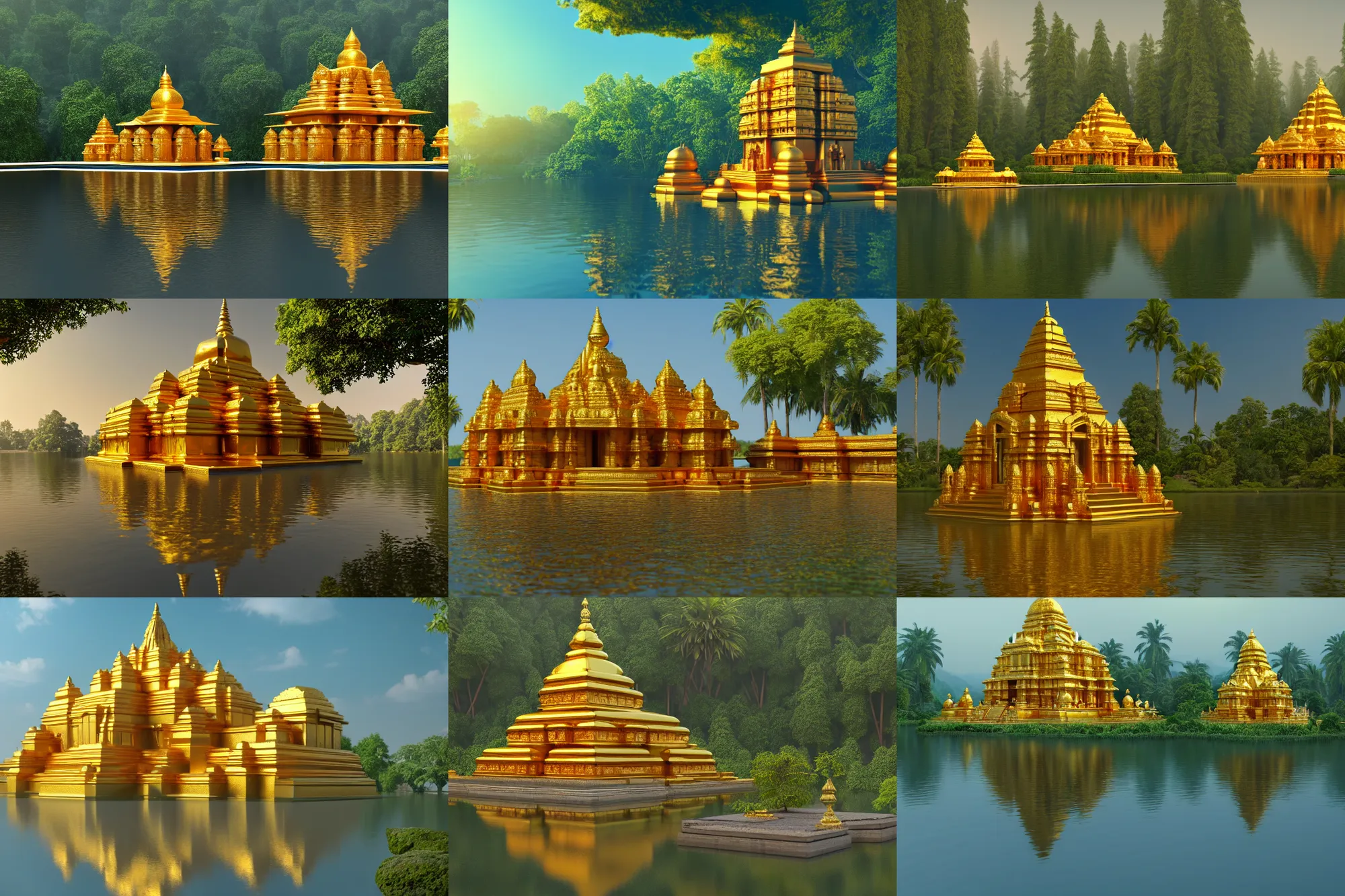 Prompt: an ancient hindu temple made of gold in serene environment alongside a beautiful lake, art deco, forest, distant, high angle, wide angle, global illumination, trending on artstation, octane render, cgsociety, surrealist, cinematic, unreal engine 5