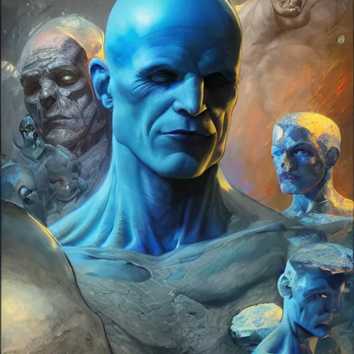 Prompt: dr manhattan destroying mt olympus, watchmen, dim light, front game card, marvel comics, dark, intricate, highly detailed, smooth, artstation, digital illustration by ruan jia and mandy jurgens and artgerm and wayne barlowe and greg rutkowski and zdislaw beksinski, and adi granov