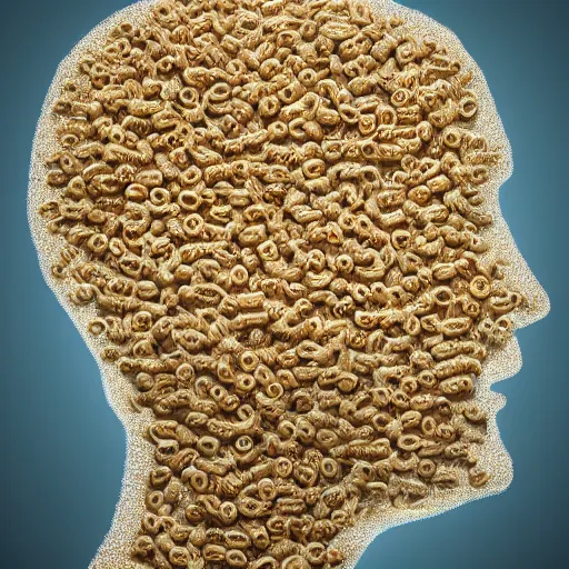 Image similar to a portrait of a head constructed from cheerios, gorgeous, intricate, volumetric lighting, high detail digital art, lightfarm agency, sharp focus, illustration, concept art