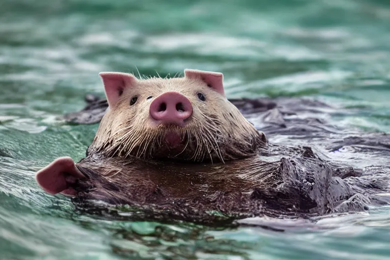 Image similar to a pig sea otter!!! hybrid! hyper realistic!! realistic lighting!! wildlife photographer of the year!!! bold natural colors, national geographic, hd, wide angle, 8 k