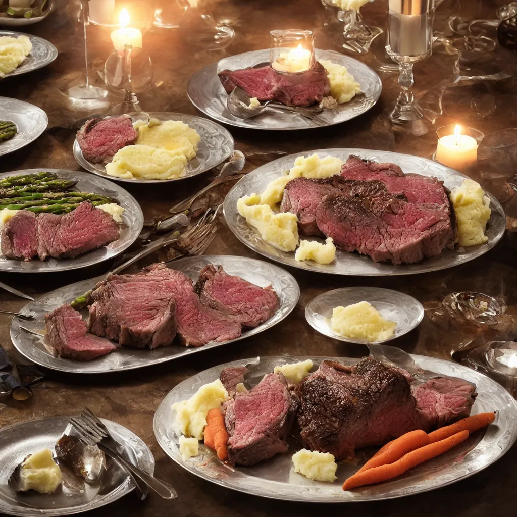 Prompt: product shot of a dinner with prime rib, asparagus, mashed potatoes and gravy, and steamed carrots with blue table cloth and lit candles in ornate silver candlesticks, ultra - realistic, photo realism, professional photograph, extreme detail, deep focus, laser sharp, volumetric lighting, atmospheric, five - star, luxury, elite