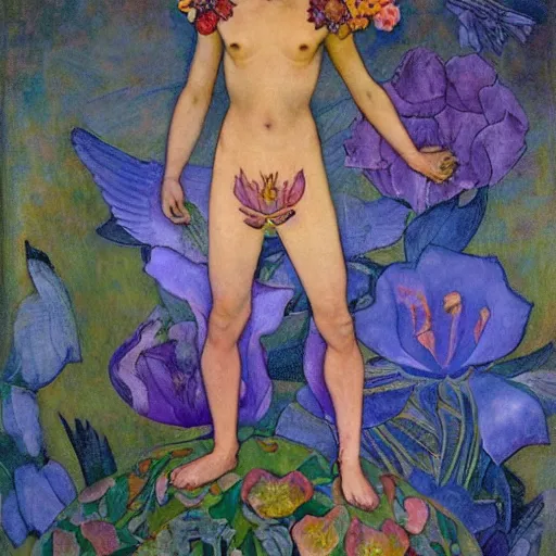 Image similar to the flower prince, by Annie Swynnerton and Nicholas Roerich and Diego Rivera, bioluminescent skin, tattoos, wings made out of flowers, elaborate costume, geometric ornament, symbolist, cool colors like blue and green and violet, smooth, sharp focus, extremely detailed