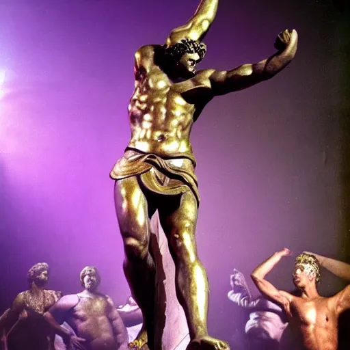 Prompt: a bronze greek statue in a loincloth in a disco club dancing next to a floating purple rectangle made of lightning